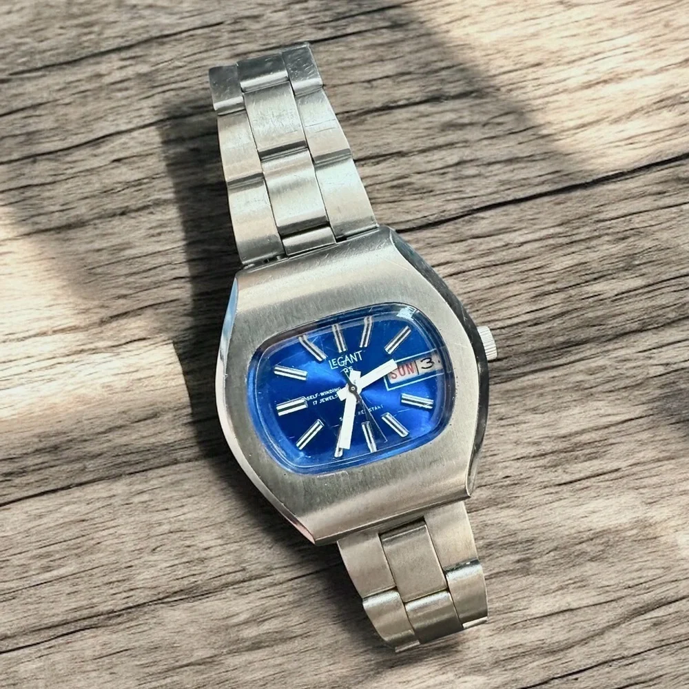 Rare 70s LeGant (by Seiko) QS 36x40 TV Dial Auto 17 Jewels Stainless Steel Watch